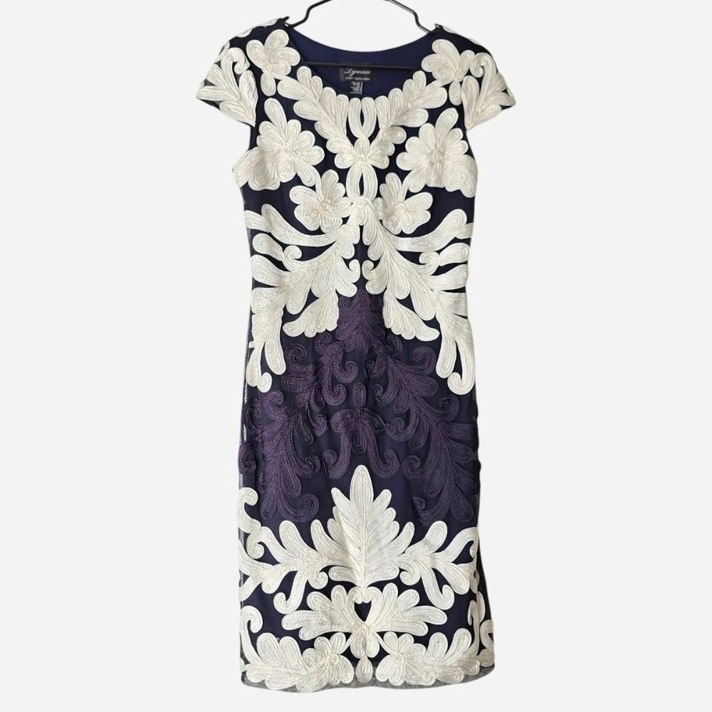 Frank Lyman Navy & Off-White Embroidered Sheath Dress (Style 68109U)